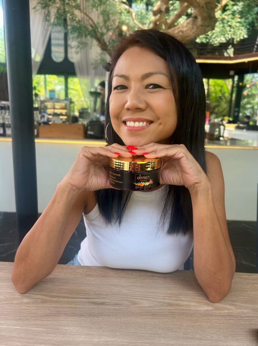 Smiling Thai woman cradling an Arokaya herbal scrub jar under her chin at a cafe