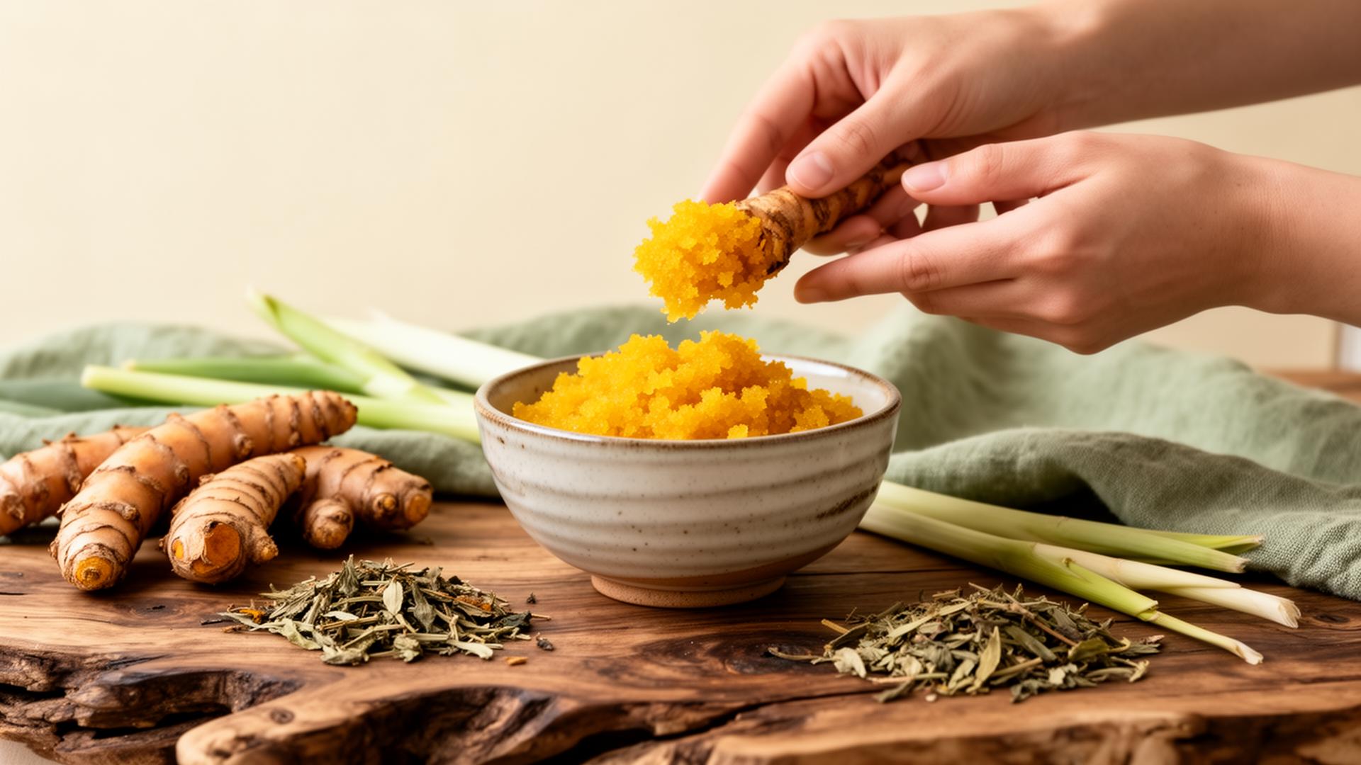Hands scooping golden turmeric herbal scrub from a ceramic bowl